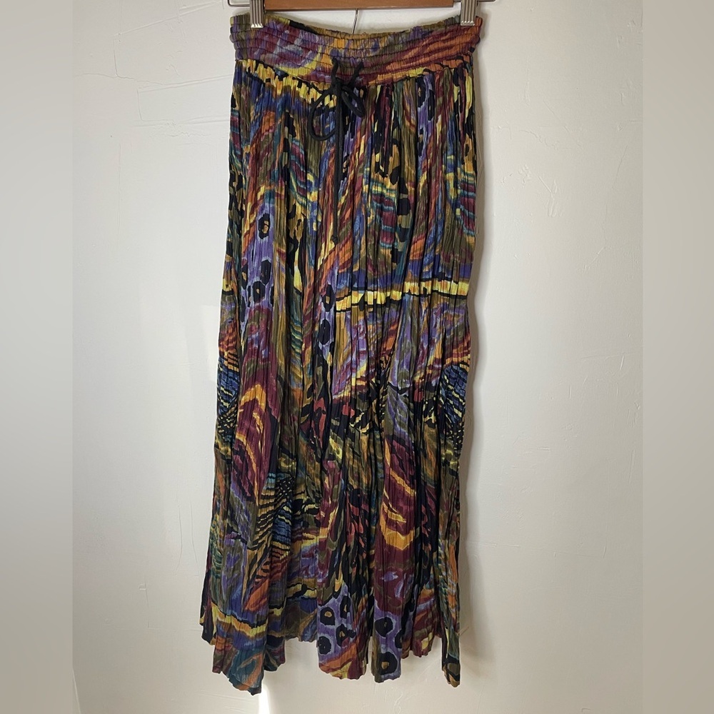 Vintage Boho Express 100%Cotton Crinkle Maxi Skirt in Water Color Print​​